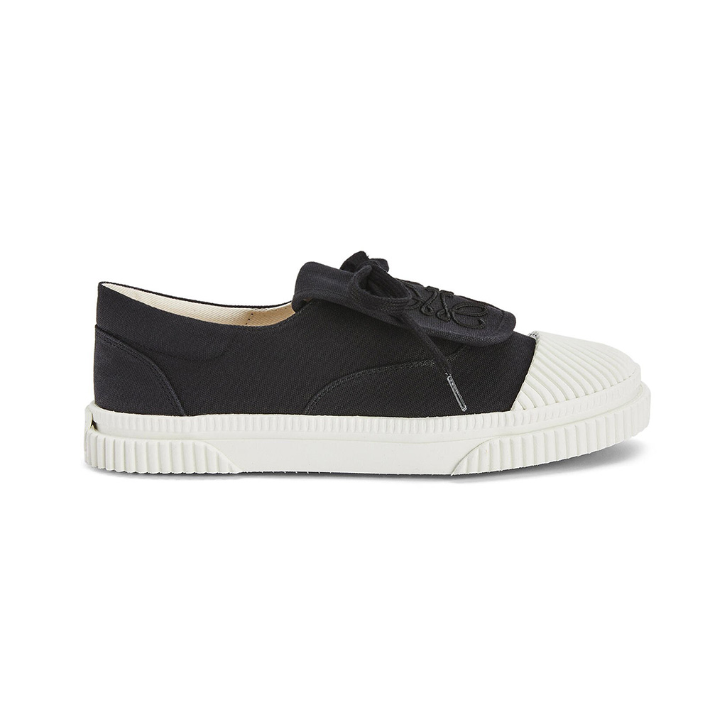 Side view of Loewe Women Anagram Flap Sneaker in Canvas-Black