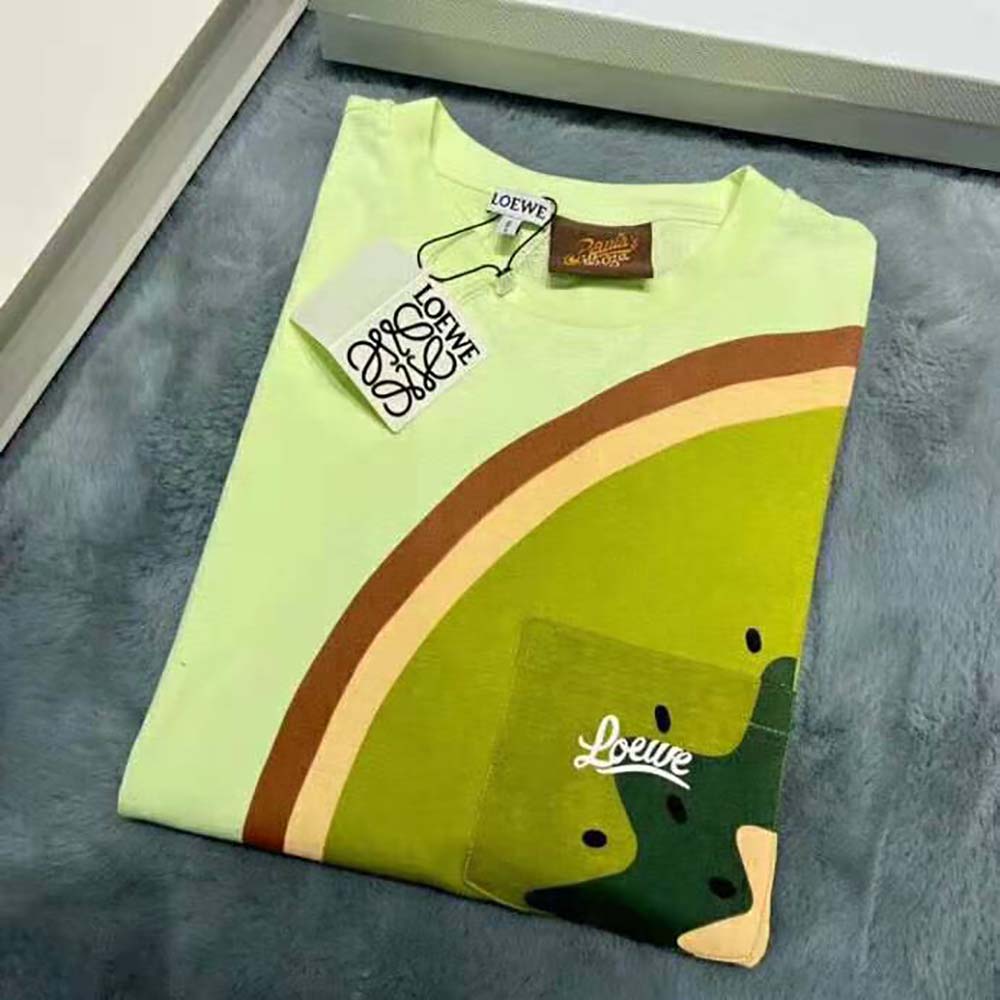 Close-up of Loewe embossed logo detail on Cotton-Green T-shirt