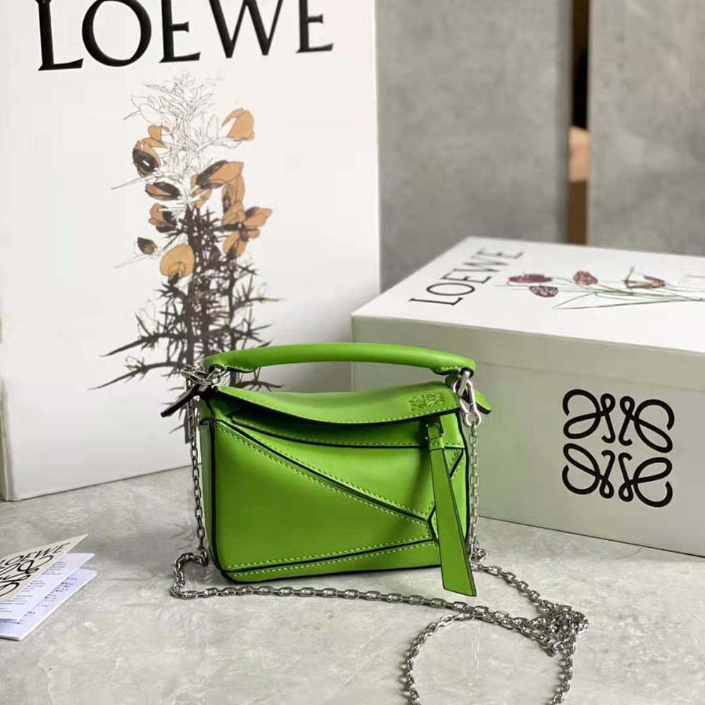 Close-up detail of lime leather and geometric stitching on Loewe Nano Puzzle Bag