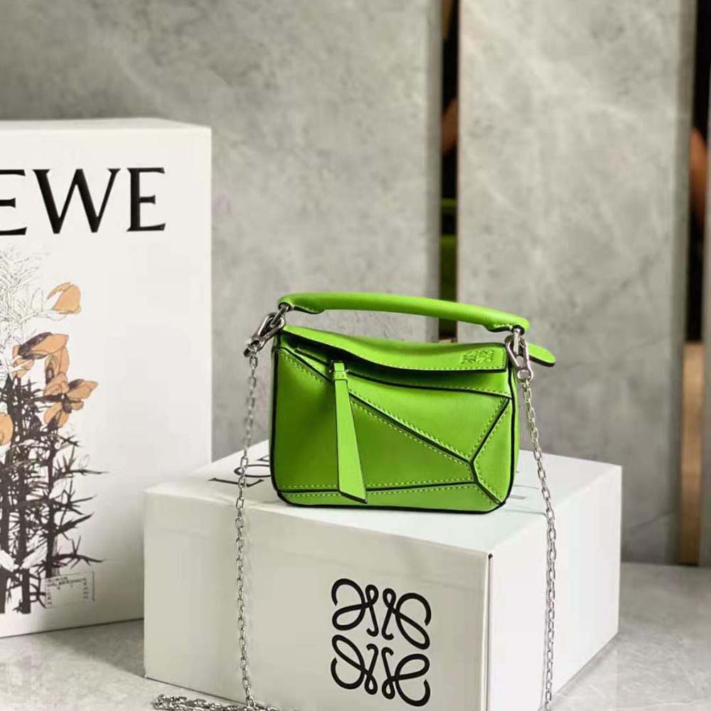 Side angle showing adjustable strap on Loewe Women Nano Puzzle Bag Lime