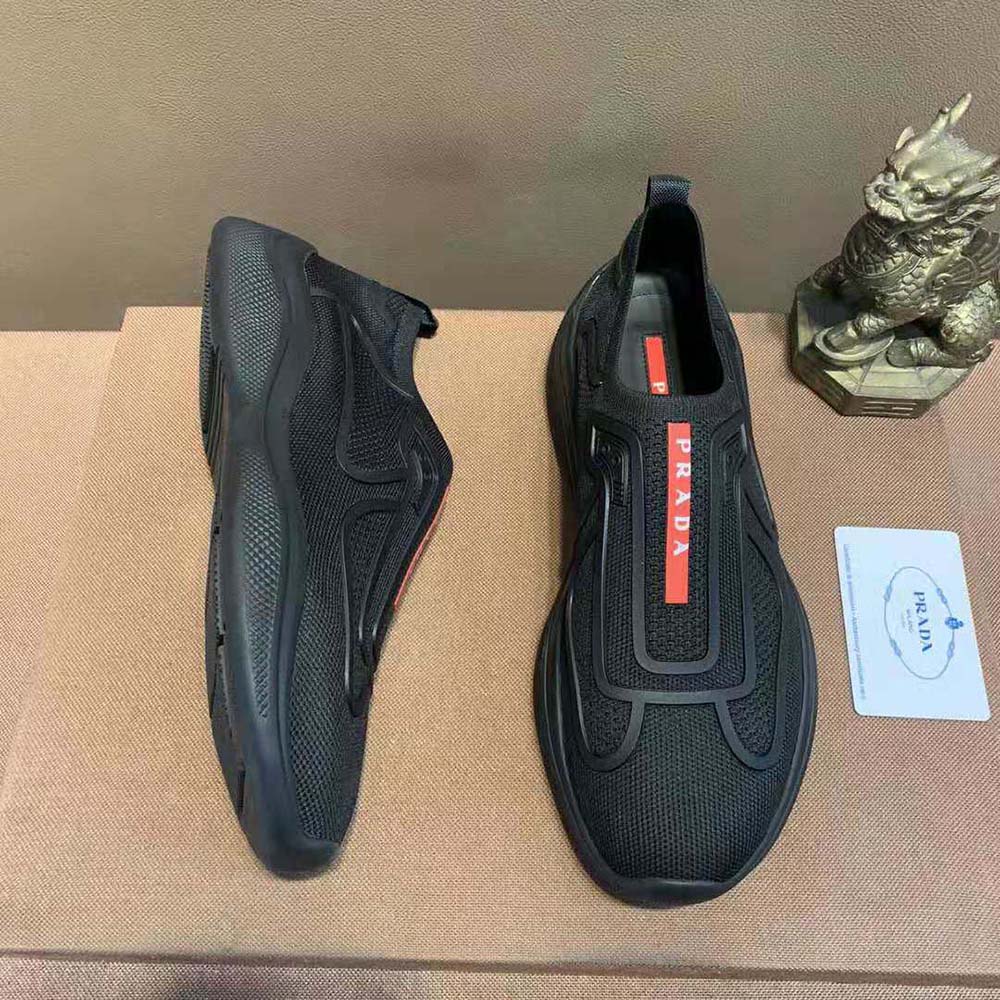 Top down angle highlighting black silhouette of Prada Men Bike Knit Sneakers-Black