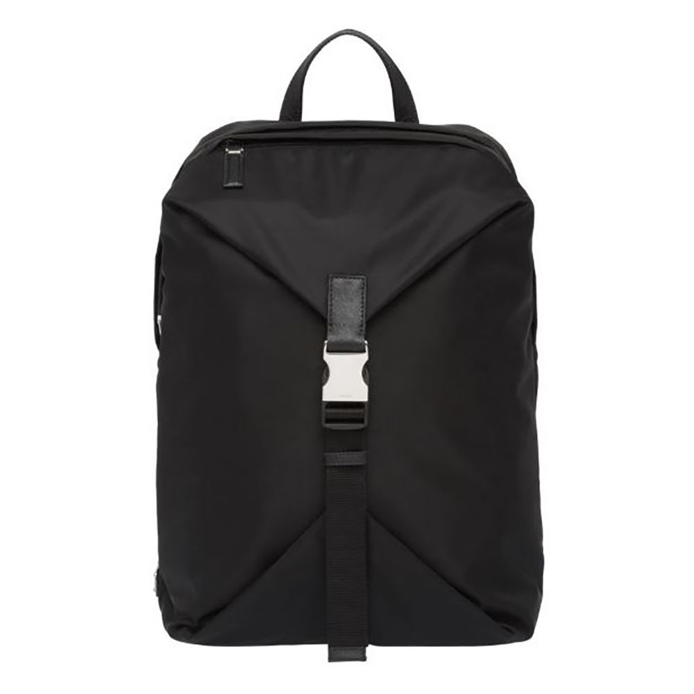 Front view of Prada Men Nylon and Saffiano Leather Backpack in black