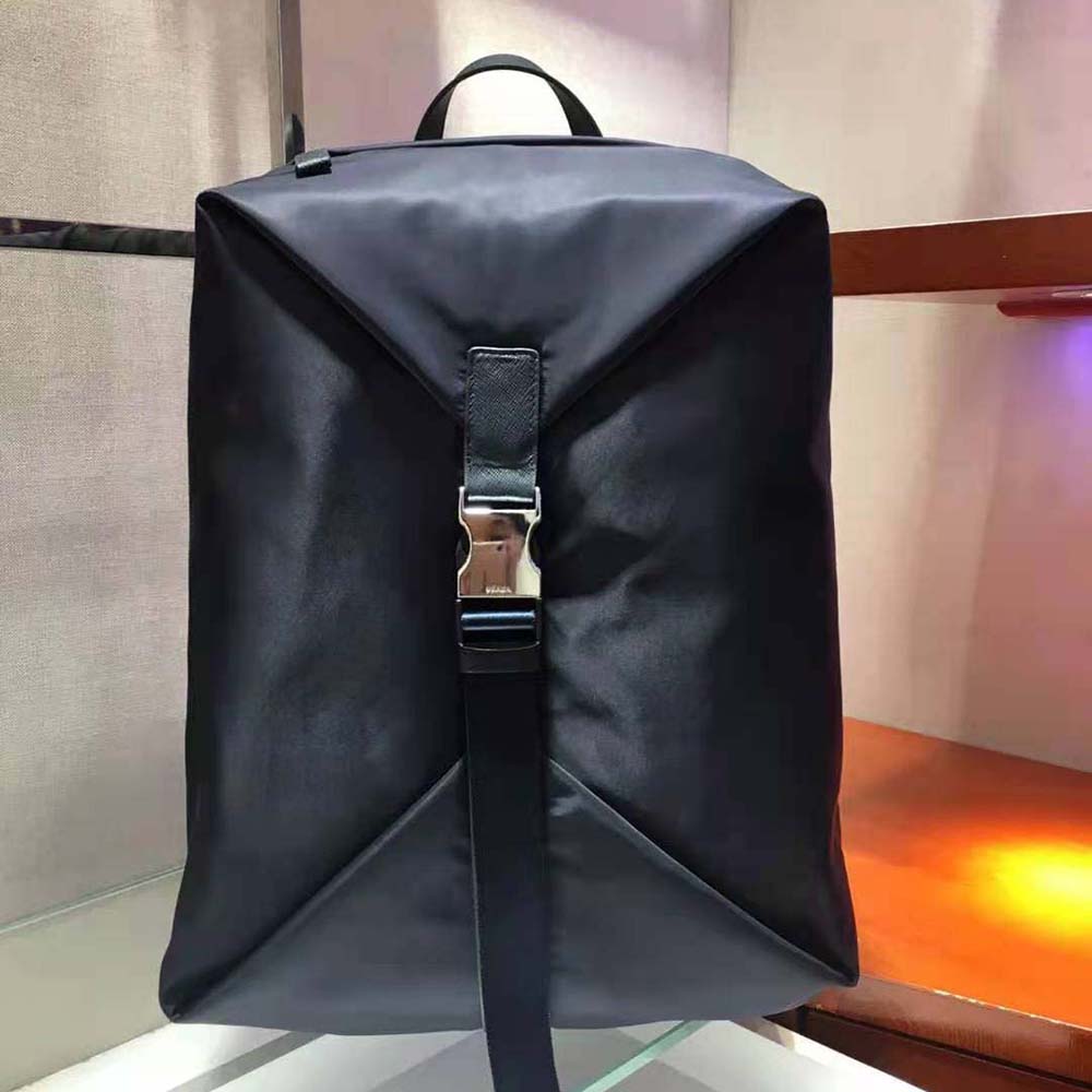 Close-up of silver hardware and Saffiano leather on Prada backpack