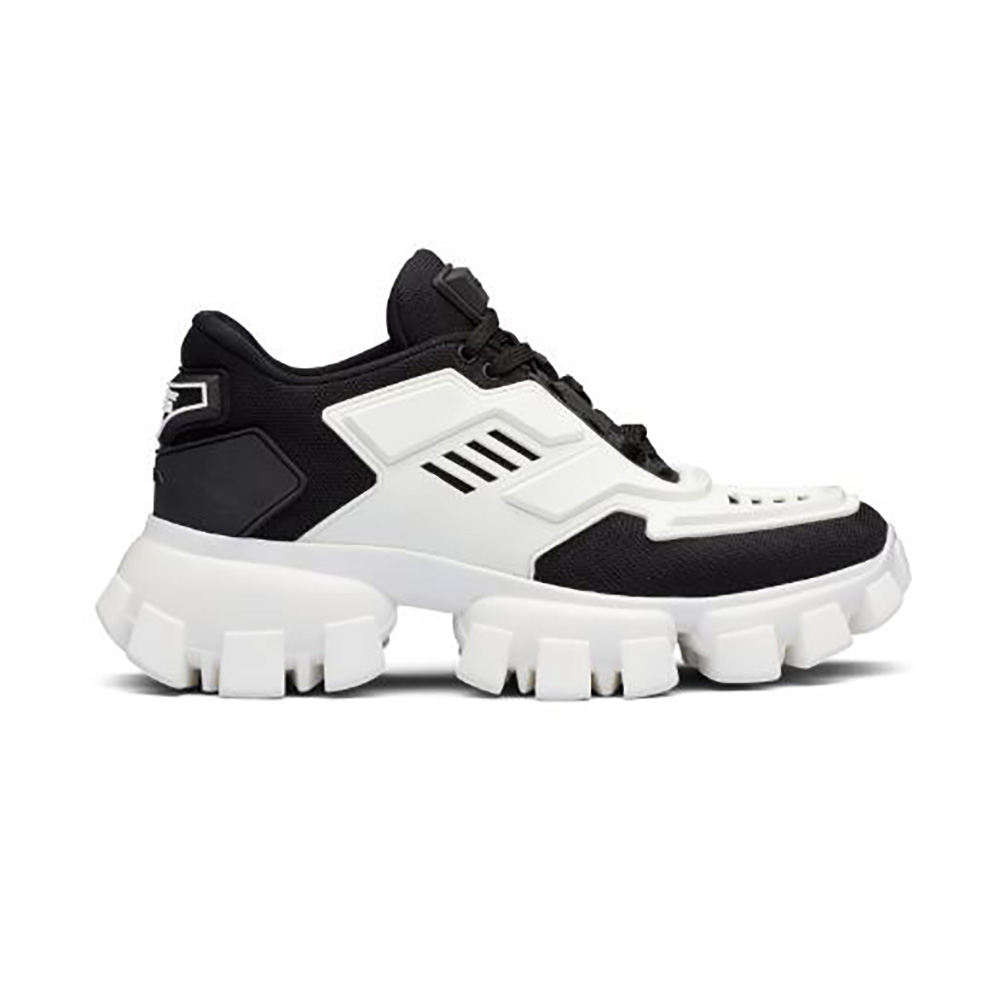 Side view of Prada Women Cloudbust Thunder Sneakers-Black in white mesh