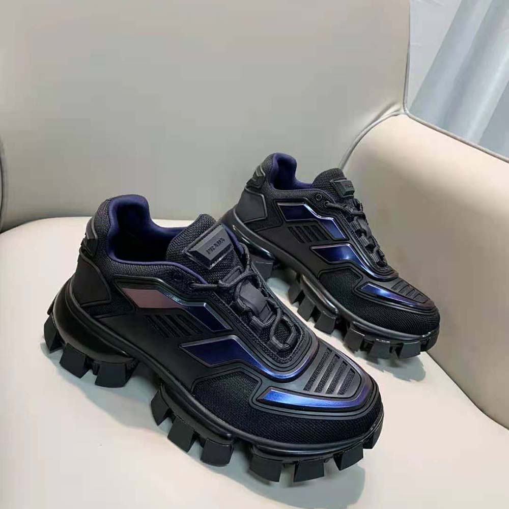 Overhead view of lace-up closure on Prada Women Cloudbust Thunder Sneakers-Navy