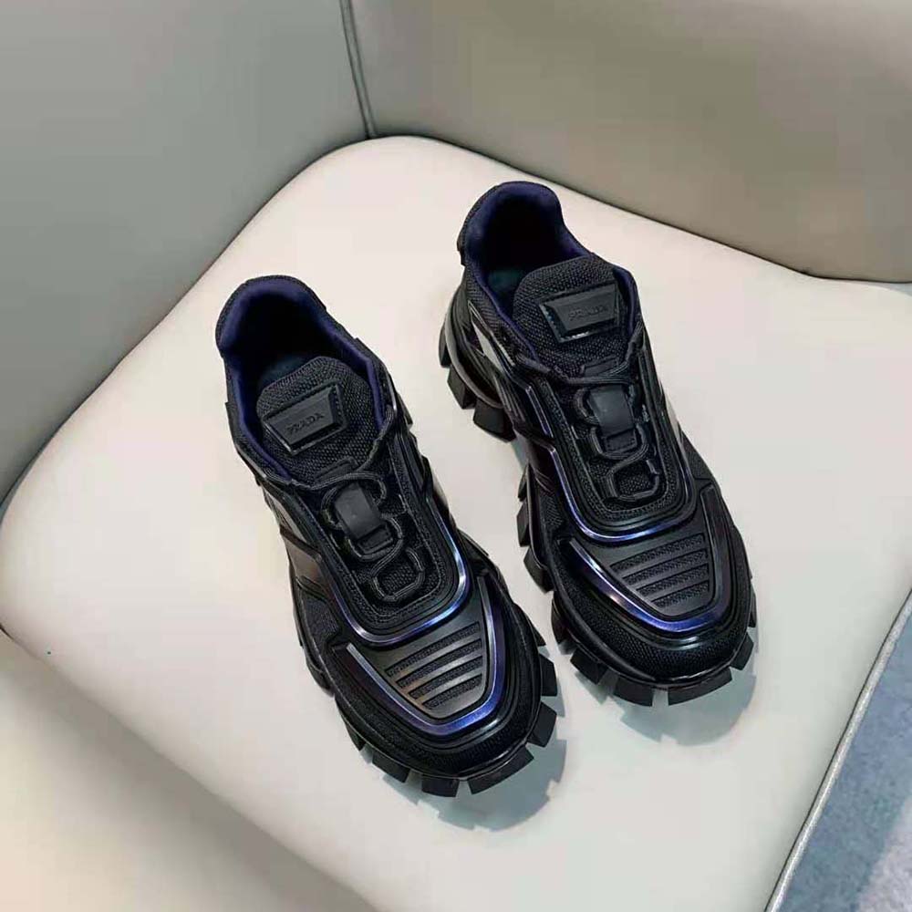 Close-up of navy mesh and rubber detailing on Prada Women Cloudbust Thunder Sneakers-Navy
