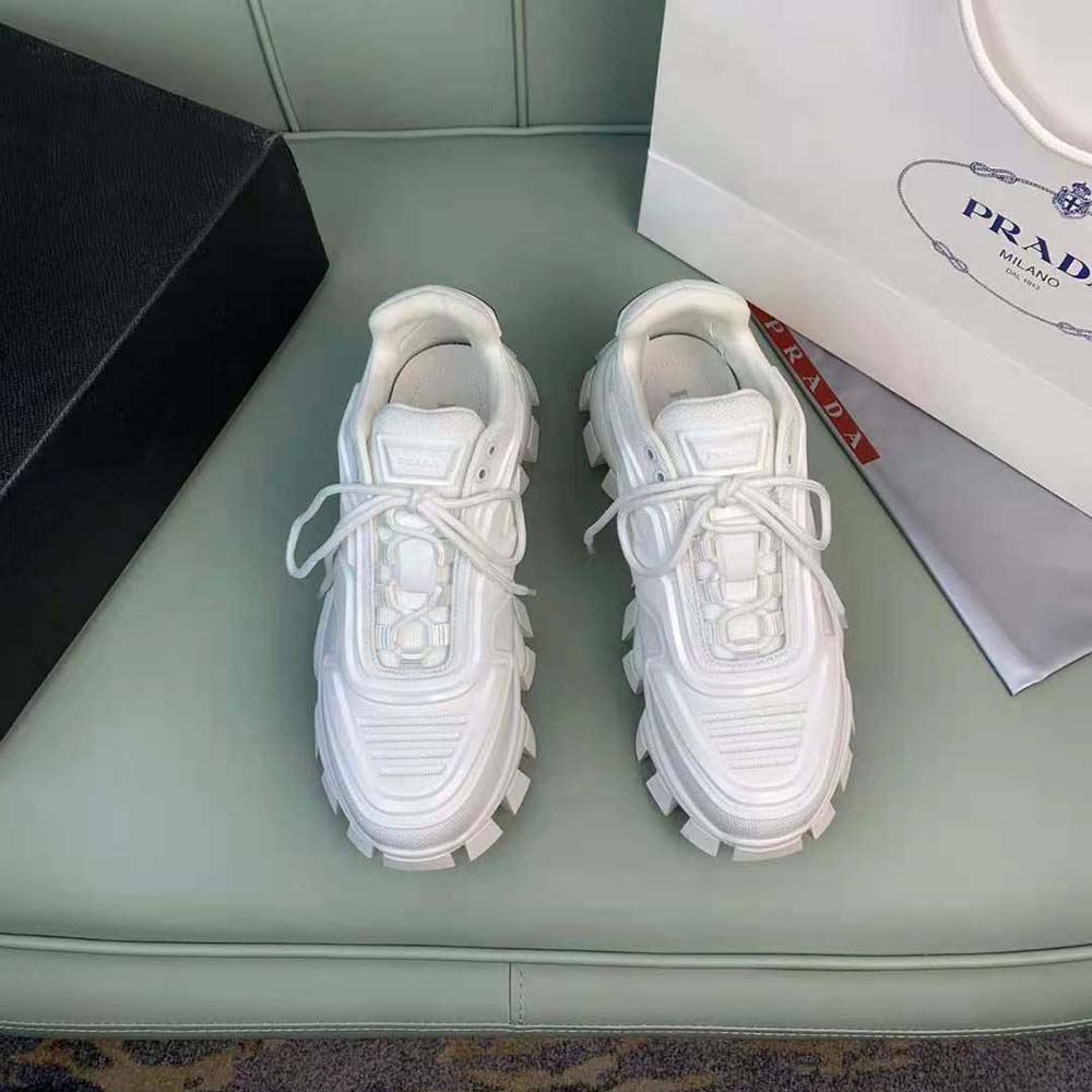 Top view of Prada Women Cloudbust Thunder Sneakers-White with lace-up closure visible