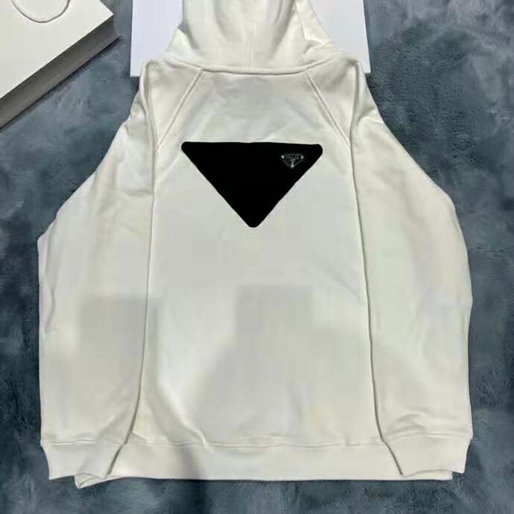 Side angle highlighting relaxed fit of Prada Women Cotton Fleece Hoodie-White