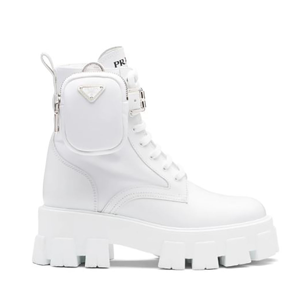 Side view of Prada Women Monolith Brushed Leather and Nylon Booties in white