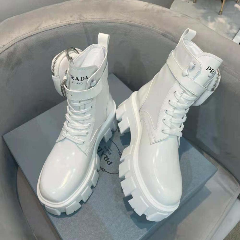 Overhead shot showing chunky platform silhouette of Prada Women Monolith Booties