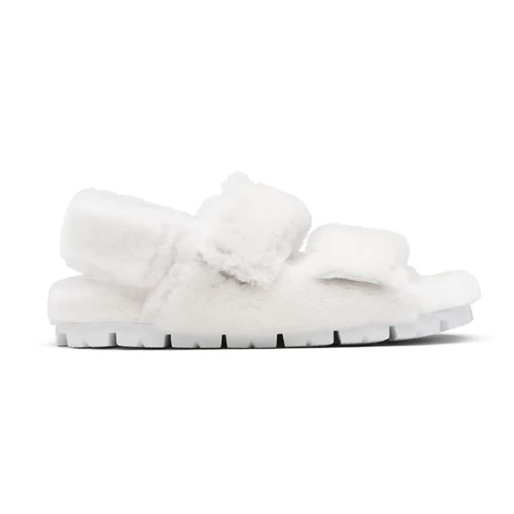 Front angle of Prada Women Movement and Comfort Come Together Shearling Sandals in white