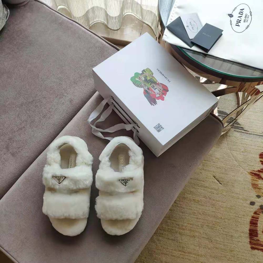 Close-up of plush shearling upper on Prada Women Movement and Comfort Come Together Sandals