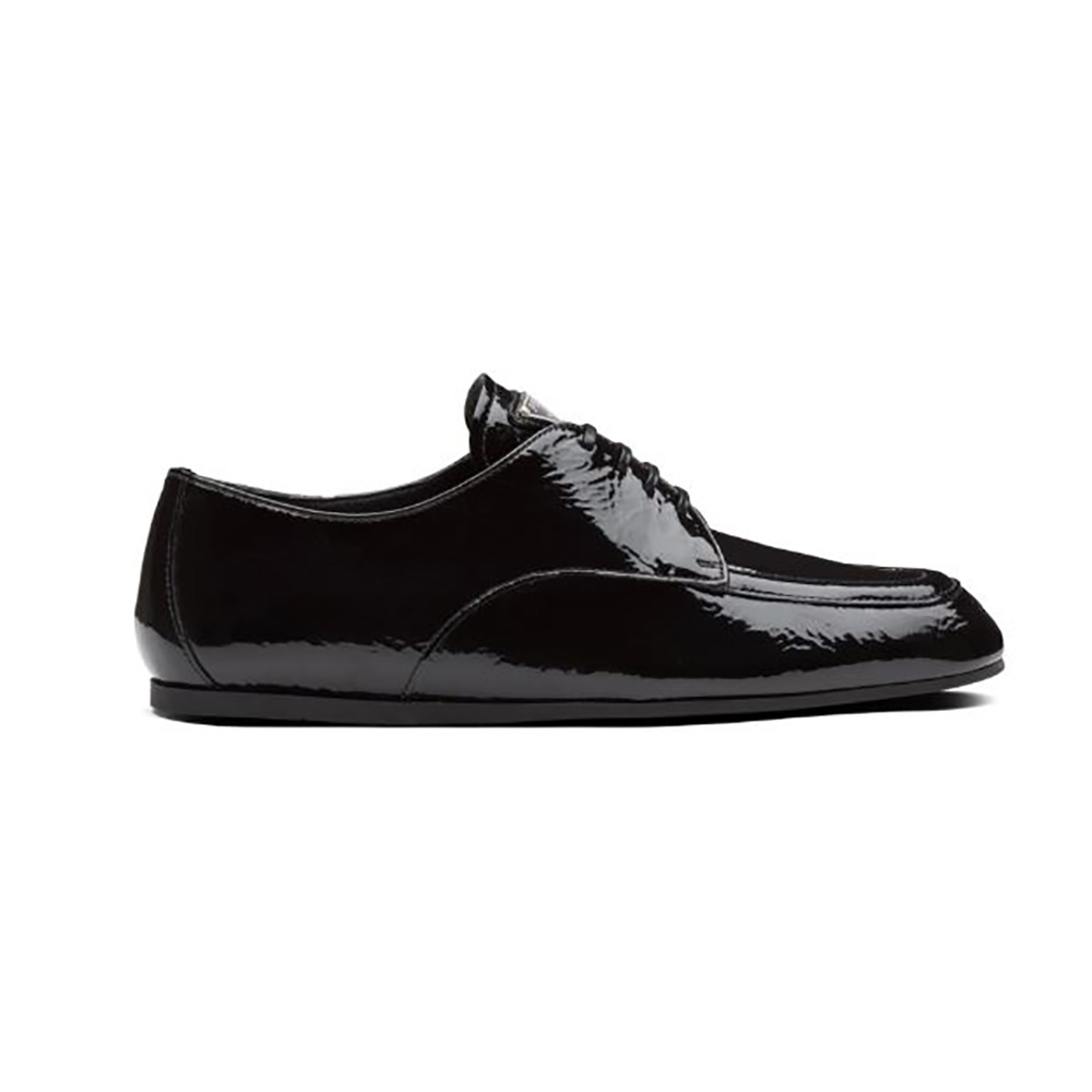 Side view of Prada Women Naplak Leather Laced Shoes-Black showing silhouette