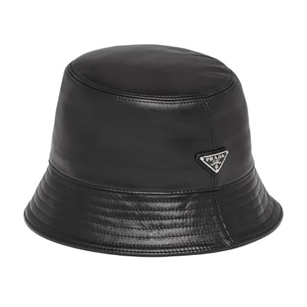 Front view of Prada Women Nappa Leather Bucket Hat in black
