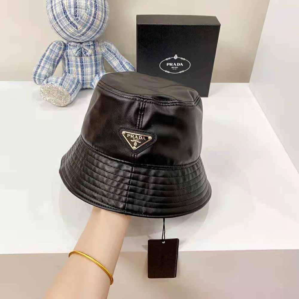 Close-up of soft nappa leather texture on Prada bucket hat