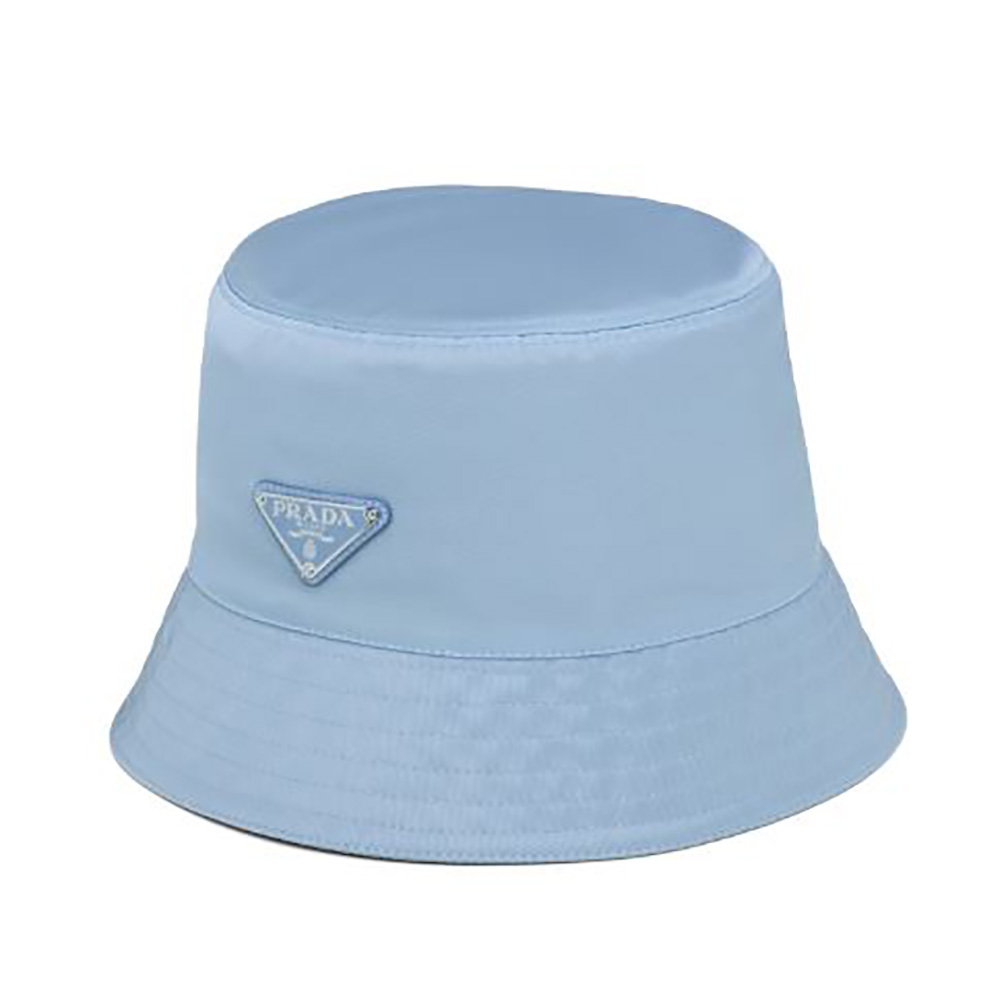 Front view of Prada Women Nylon Bucket Hat Decorated with Triangle Logo-Blue