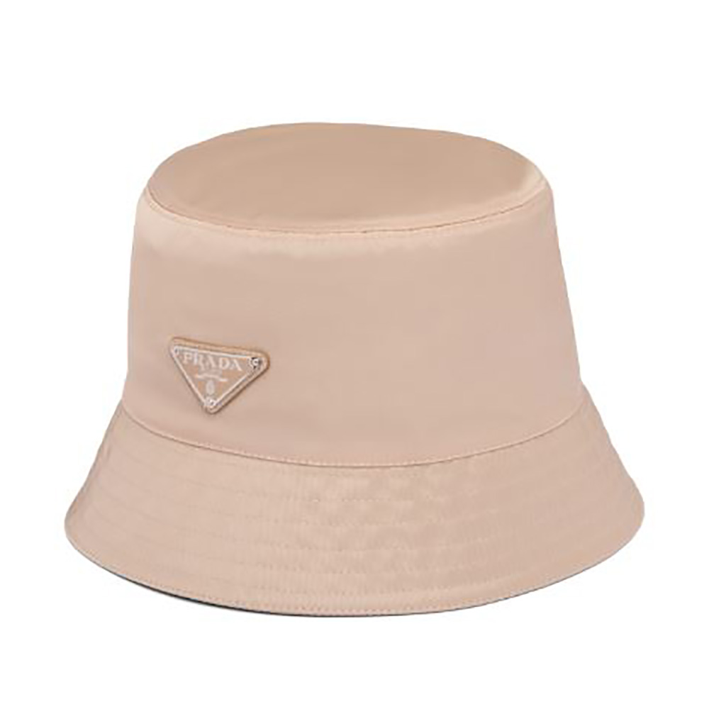 Front view of Prada Women Nylon Bucket Hat Decorated with the Triangle Logo-Sandy