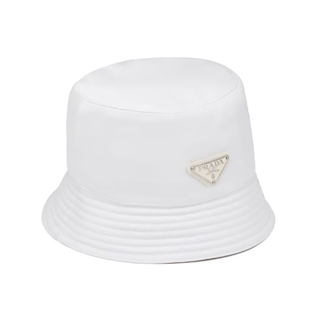 Front view of Prada Women Nylon Bucket Hat Decorated with the Triangle Logo-White