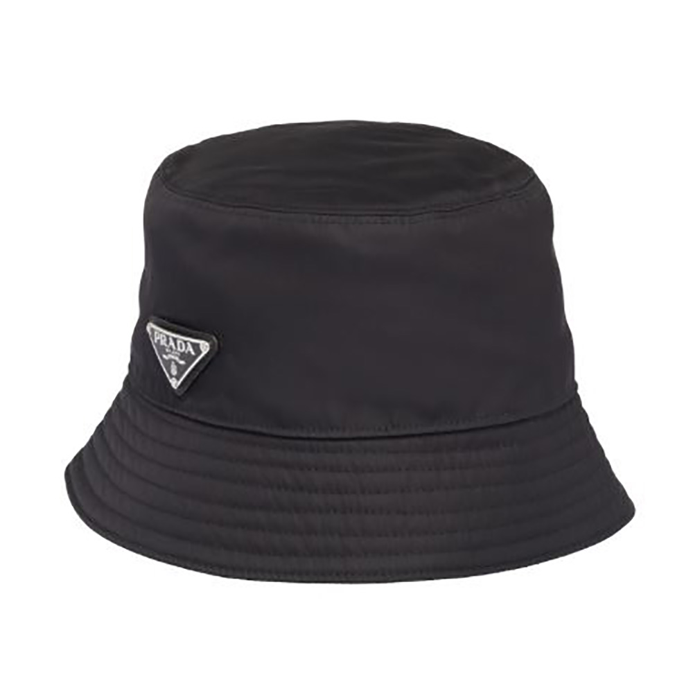 Front view of Prada Women Nylon Bucket Hat Decorated with Triangle Logo-Black