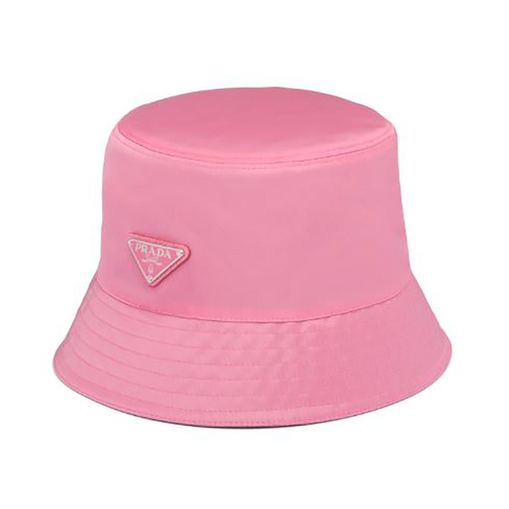 Front view of Prada Women Nylon Bucket Hat Decorated with Triangle Logo-Pink