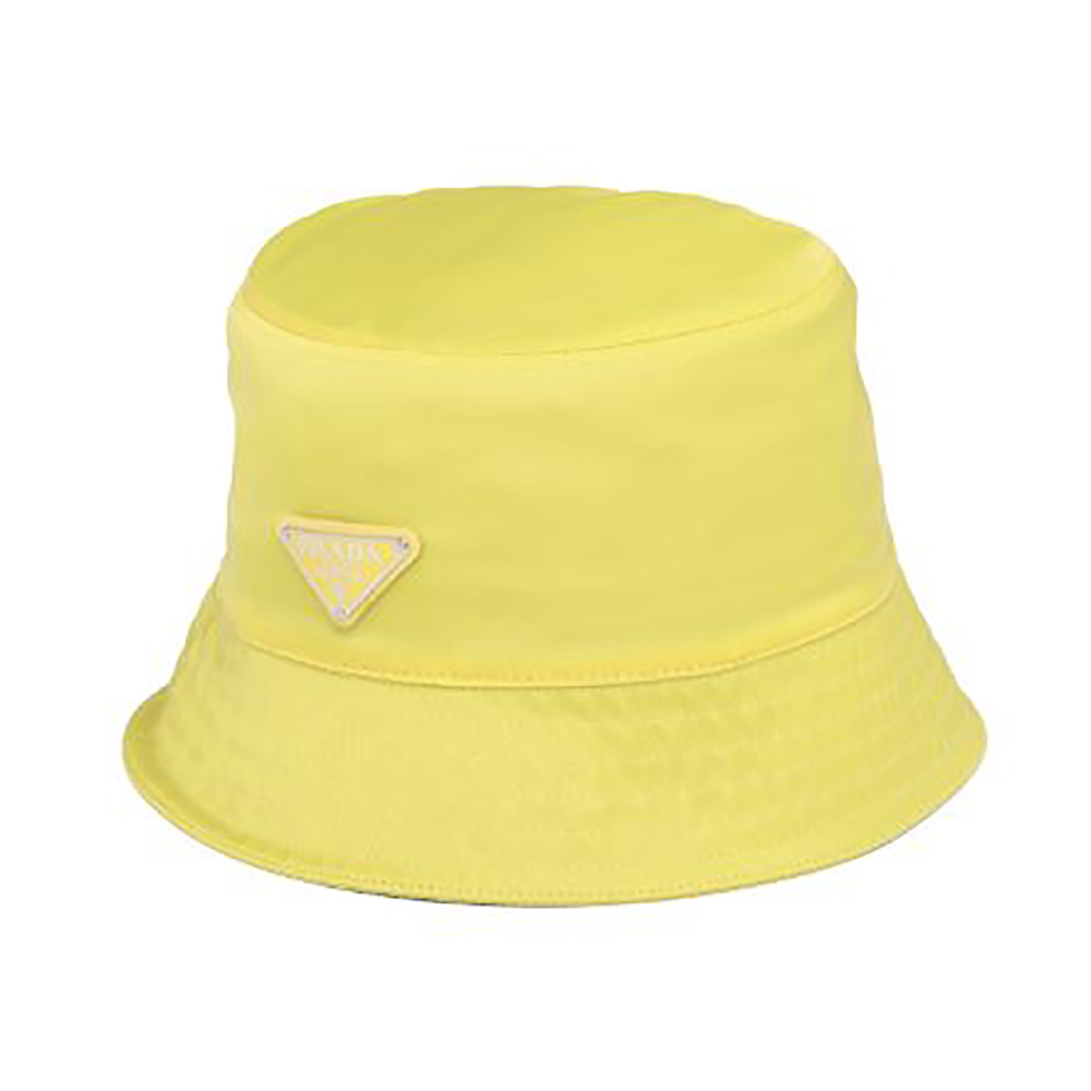 Front angle of Prada Women Nylon Bucket Hat Decorated with Triangle Logo-Yellow