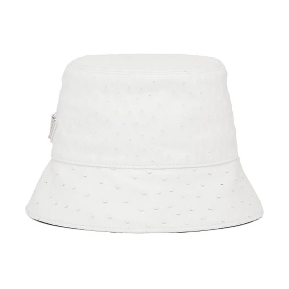 Front view of Prada Women Ostrich Leather Bucket Hat-White showing shape