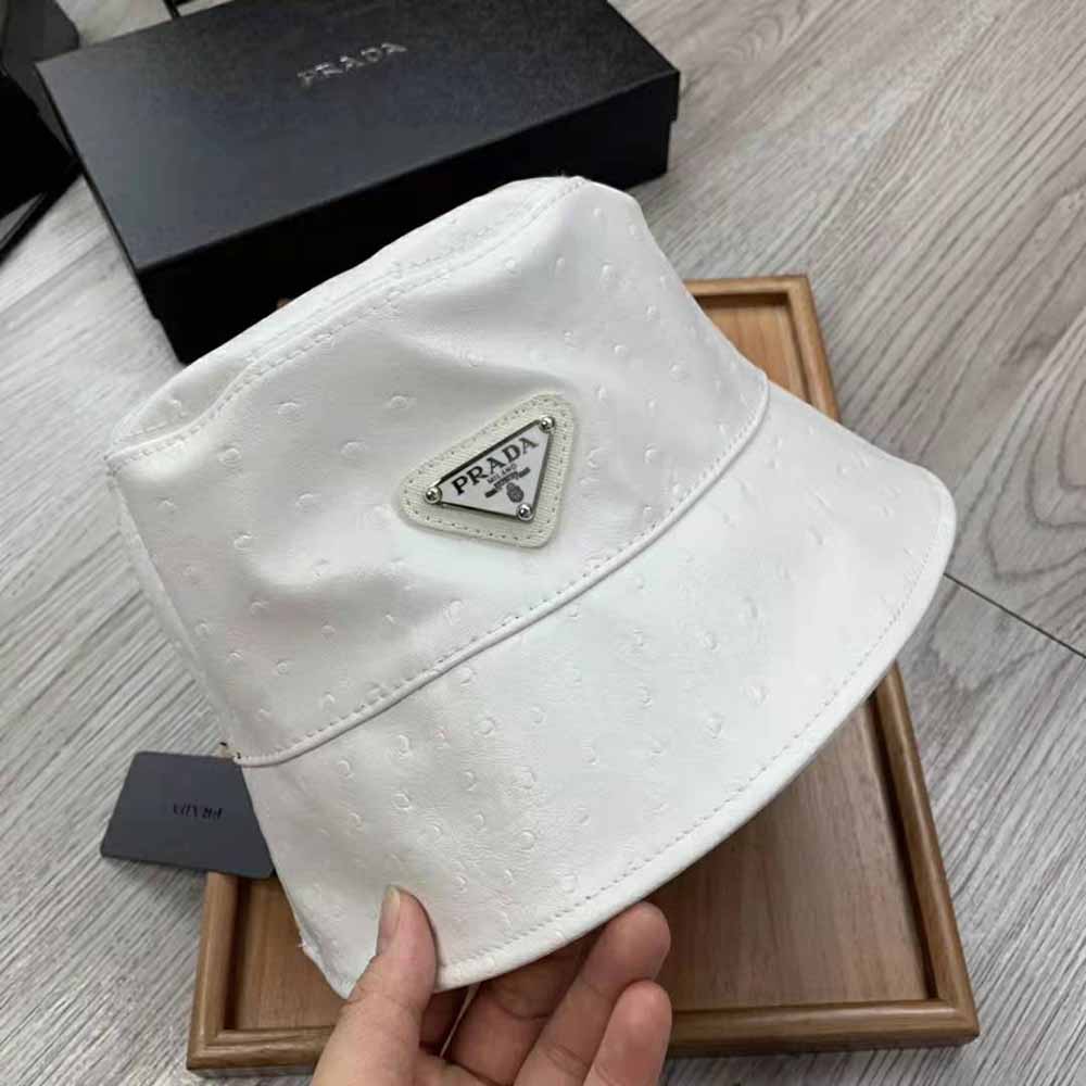 Prada Women Ostrich Leather Bucket Hat-White - image 4