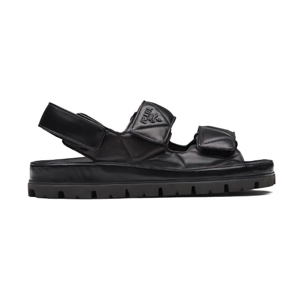 Side view of Prada Women Padded Nappa Leather Sandals-Black showing padded straps