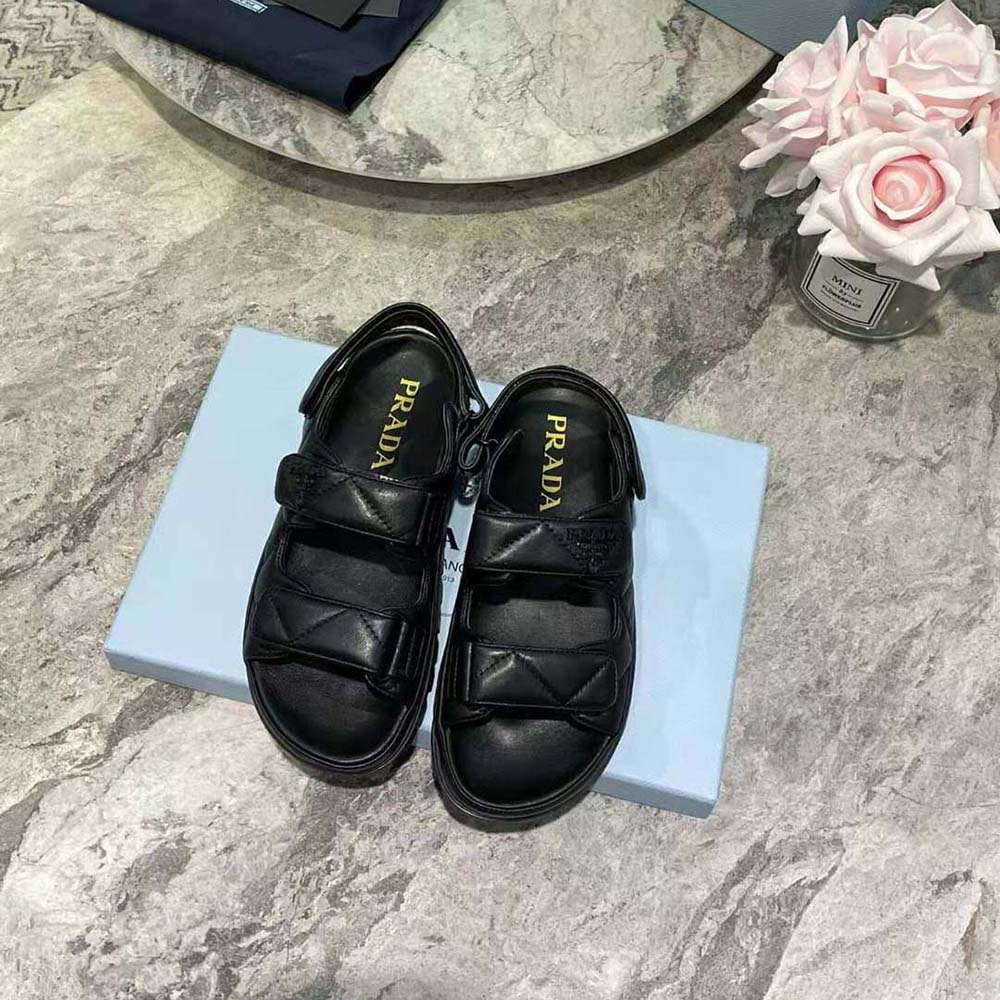Top angle of Prada Women Padded Nappa Leather Sandals-Black highlighting cushioned sole