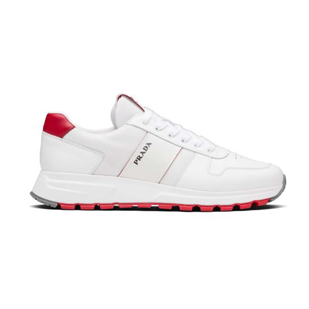 Side profile of Prada Women Prax 01 Sneakers-White showing sleek leather