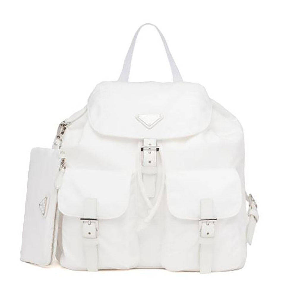 Front view of Prada Women Re-Nylon Medium Backpack-White with logo detail