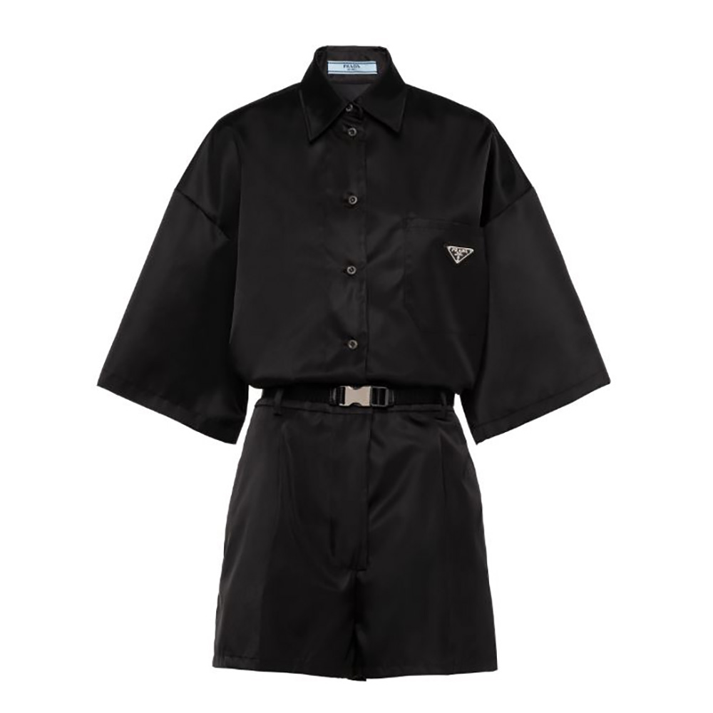 Front view of Prada Women Re-Nylon Playsuit-Black showcasing slim fit