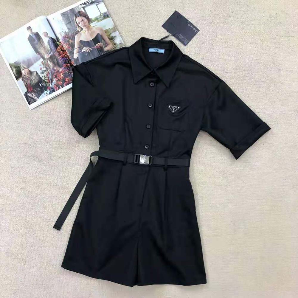 Side profile of Prada Women Re-Nylon Playsuit-Black with zipper detail