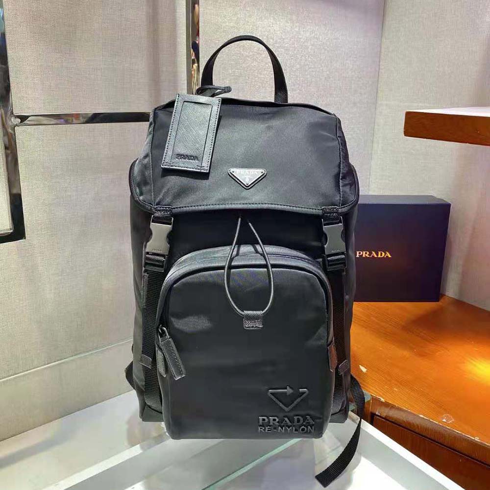 Close-up on Saffiano leather and zipper of Prada backpack