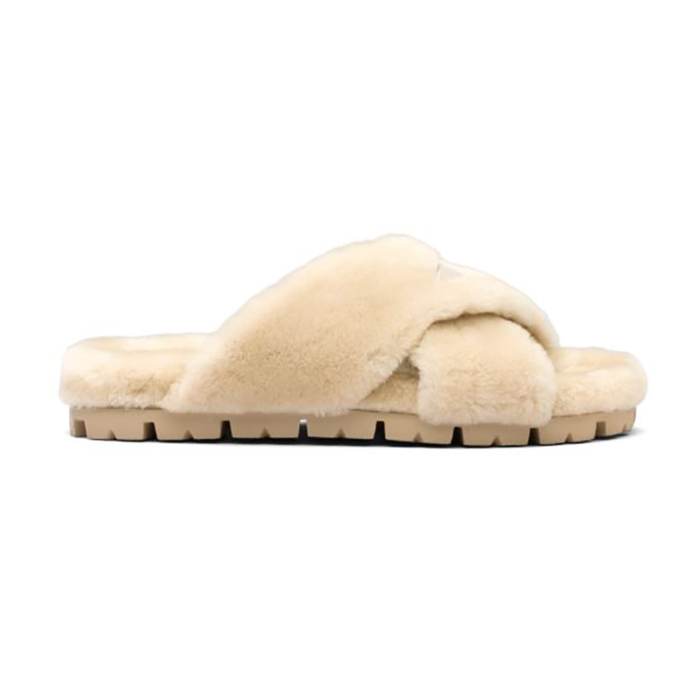 Side view of Prada Women Shearling Sandals in 20mm Heel-Sandy