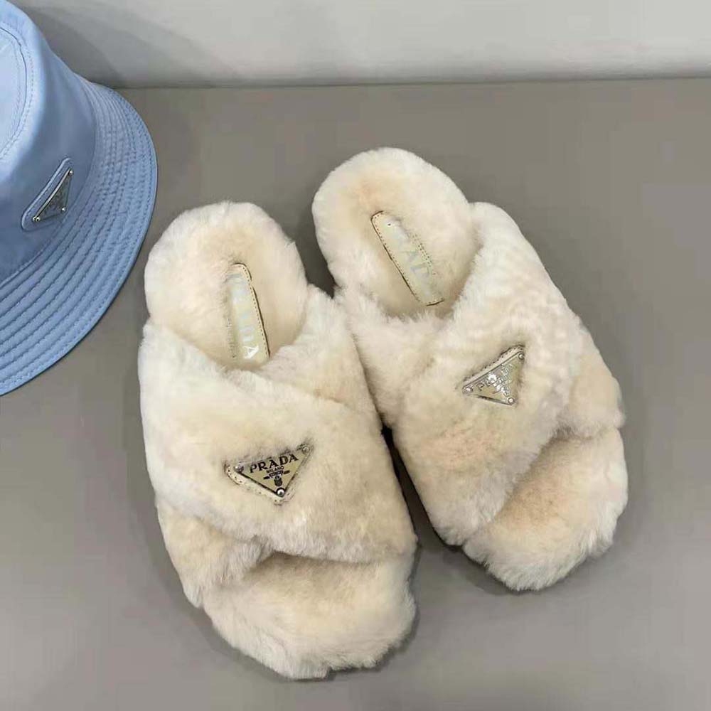 Close-up of shearling texture on Prada Women Shearling Sandals