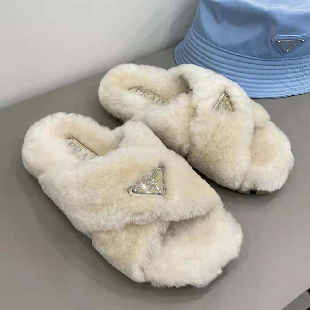 Back angle showing 20mm heel on Prada Women Shearling Sandals