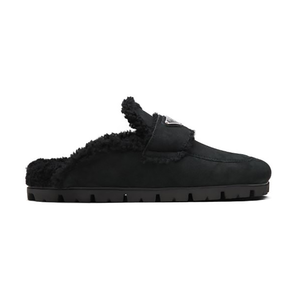 Side view of Prada Women Shearling Slippers Enameled Metal Triangle Logo-Black