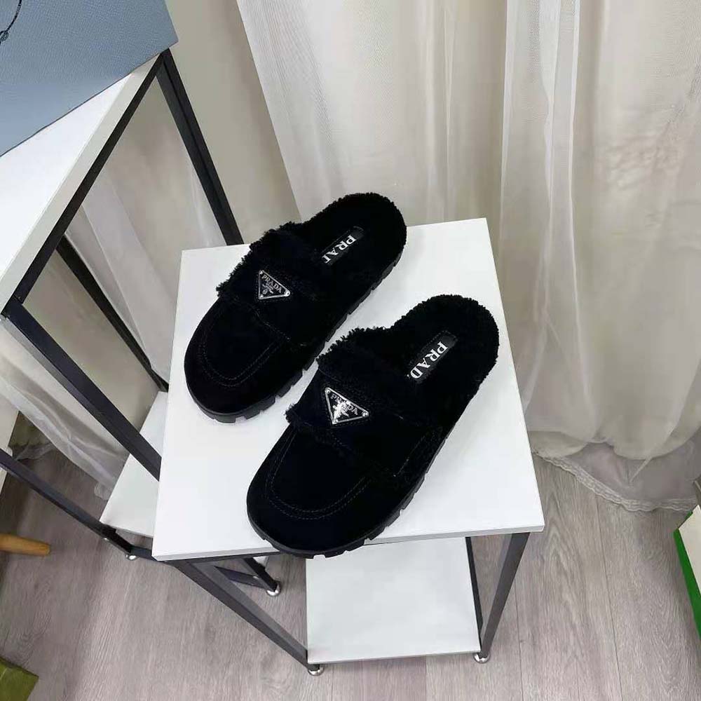 Top-down look at black shearling lining in Prada Women Shearling Slippers