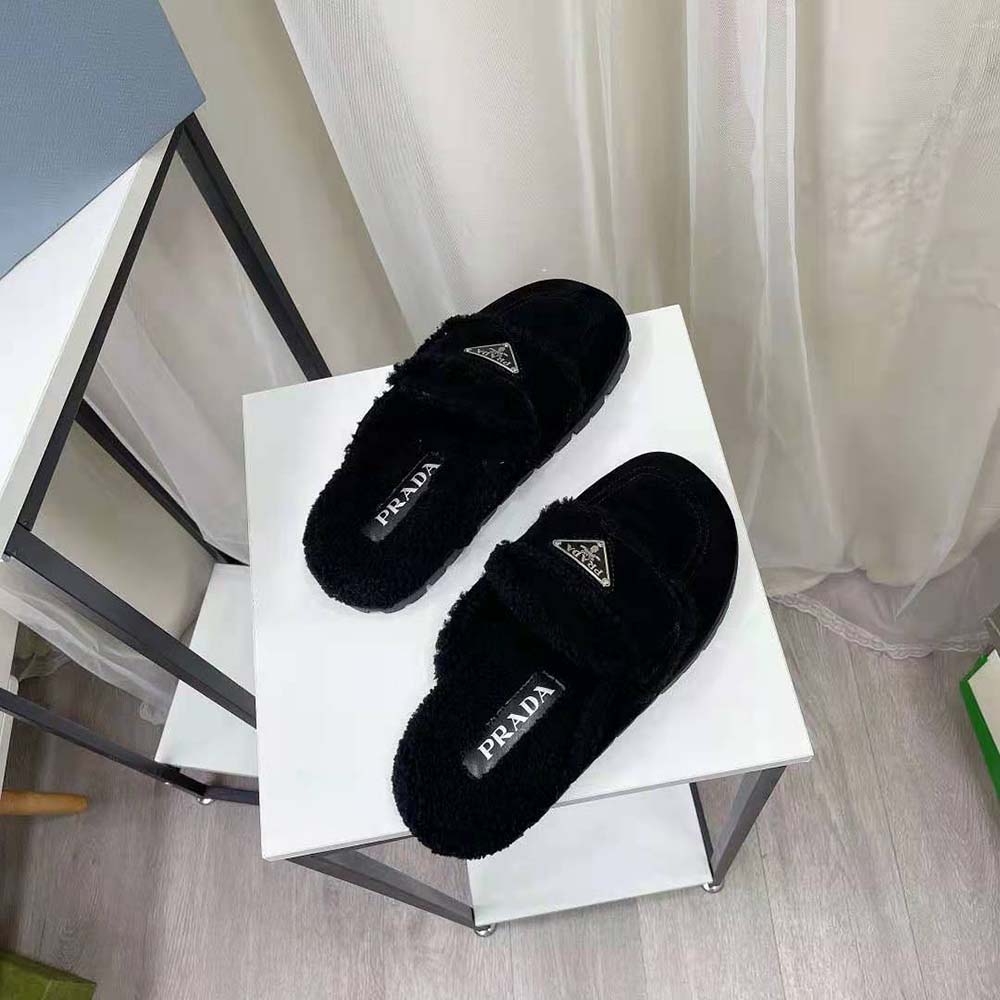 Prada Women Shearling Slippers Enameled Metal Triangle Logo-Black - image 4