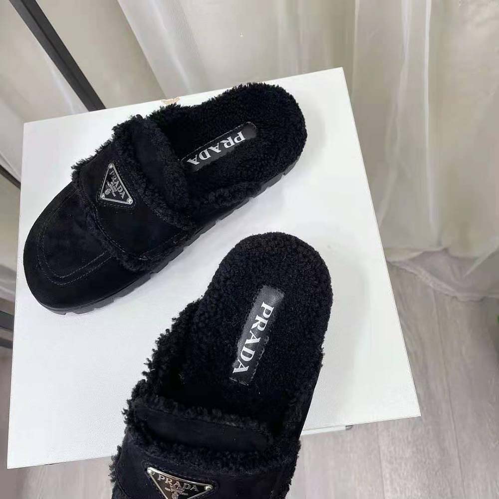 Prada Women Shearling Slippers Enameled Metal Triangle Logo-Black - image 9