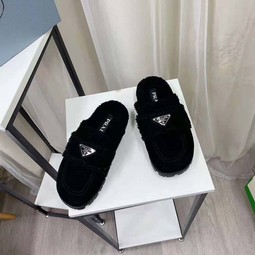 Prada Women Shearling Slippers Enameled Metal Triangle Logo-Black - image 5
