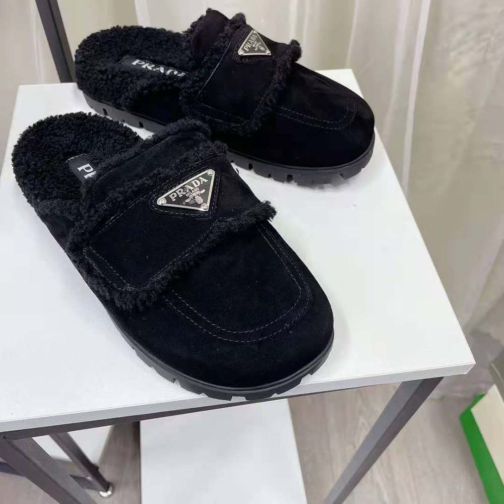 Prada Women Shearling Slippers Enameled Metal Triangle Logo-Black - image 6