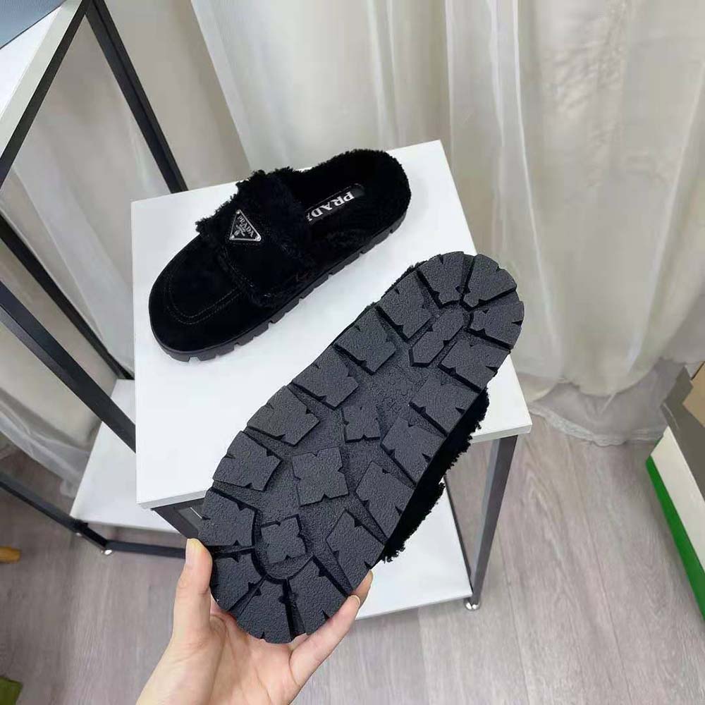 Prada Women Shearling Slippers Enameled Metal Triangle Logo-Black - image 8