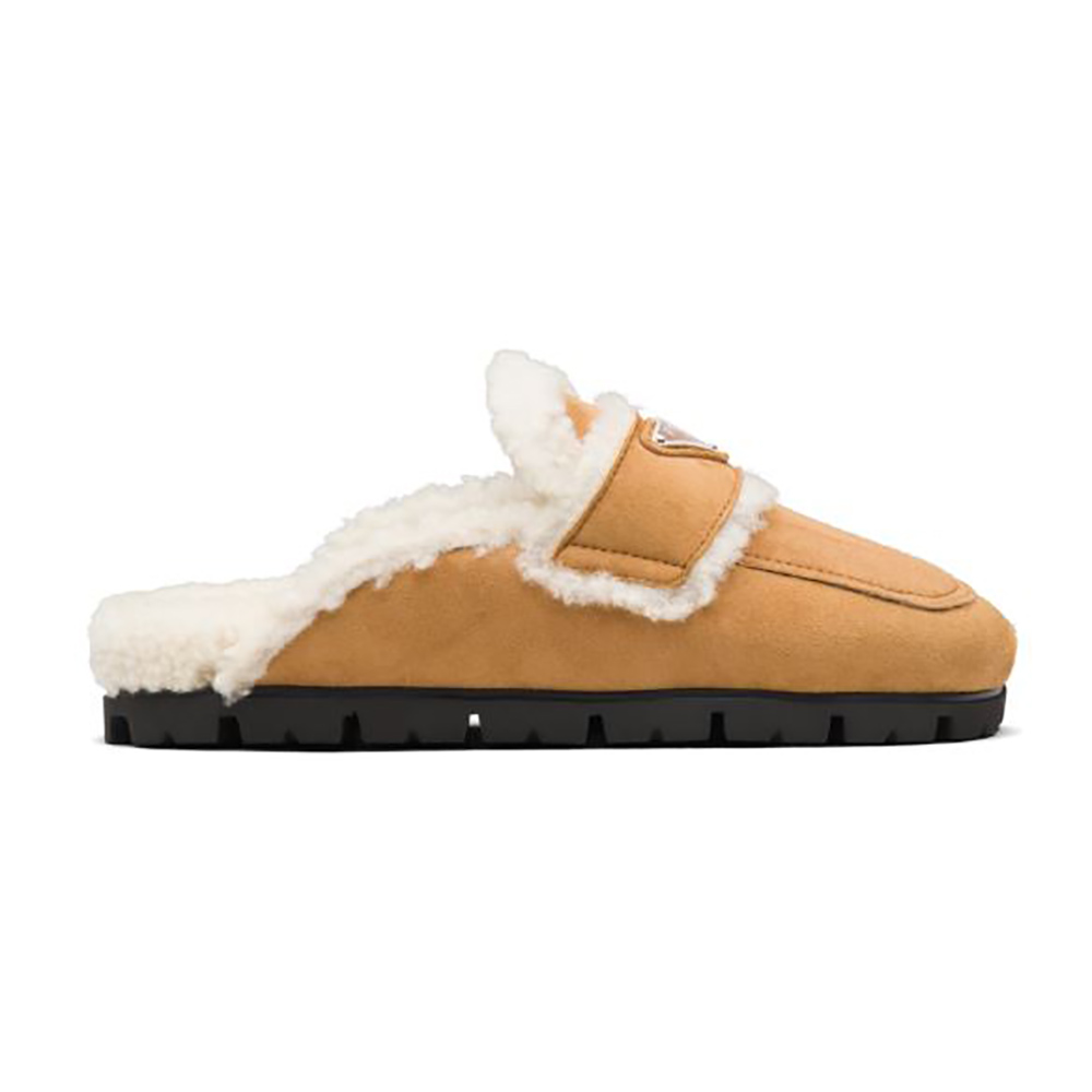 Side view of Prada Women Shearling Slippers Enameled Metal Triangle Logo-Yellow