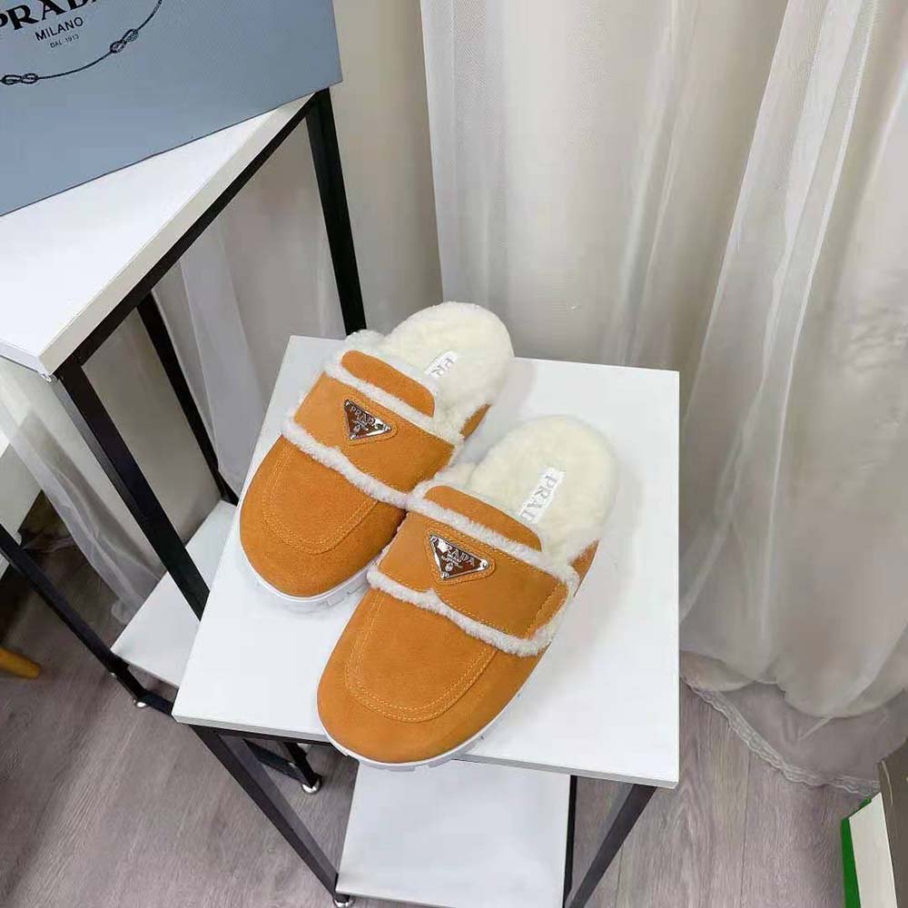 Prada Women Shearling Slippers Enameled Metal Triangle Logo-Yellow - image 7