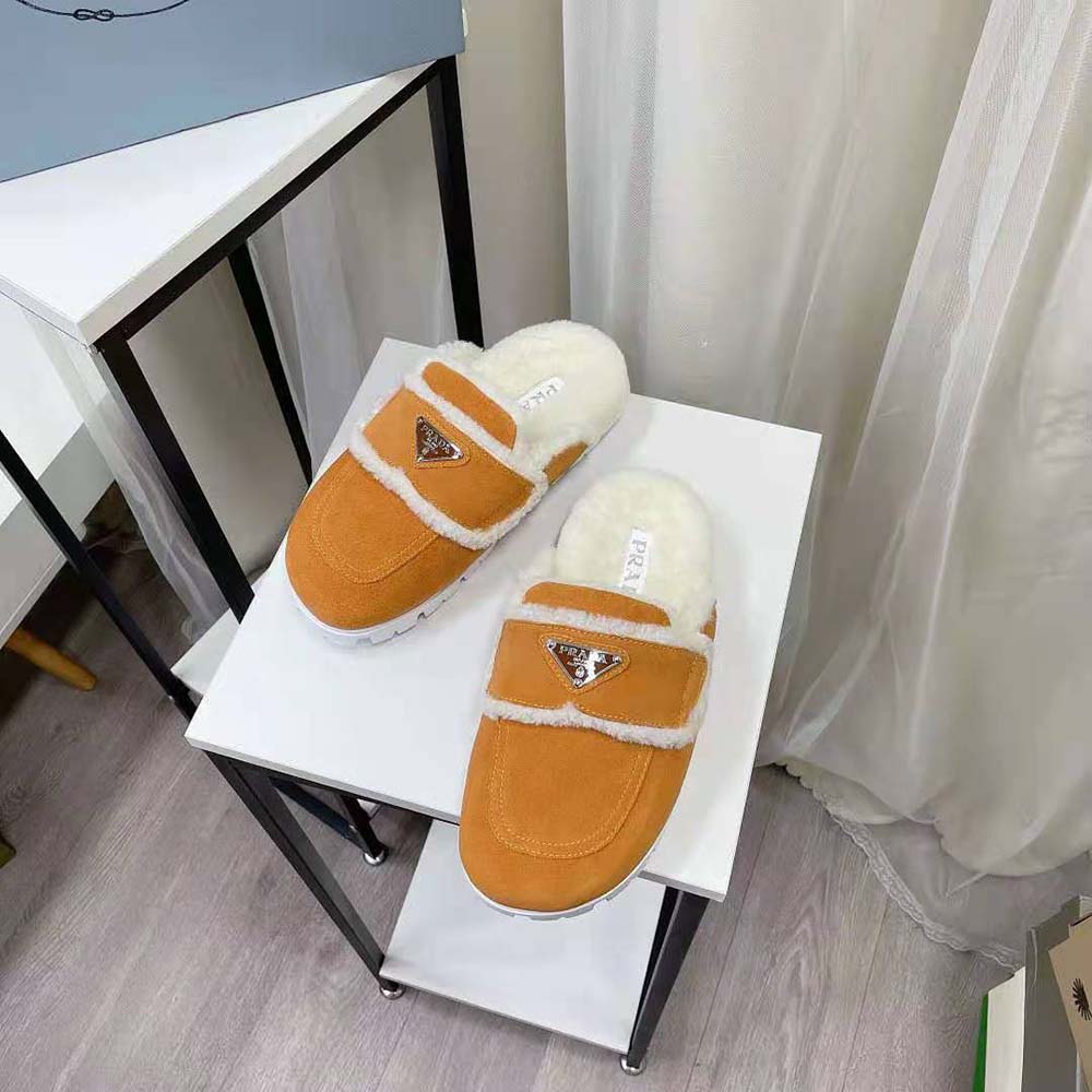 Prada Women Shearling Slippers Enameled Metal Triangle Logo-Yellow - image 4