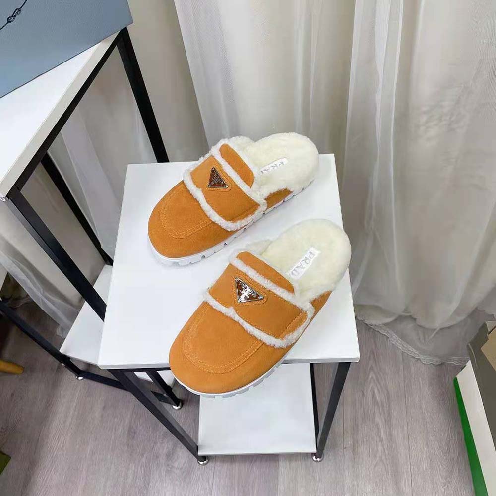 Prada Women Shearling Slippers Enameled Metal Triangle Logo-Yellow - image 5
