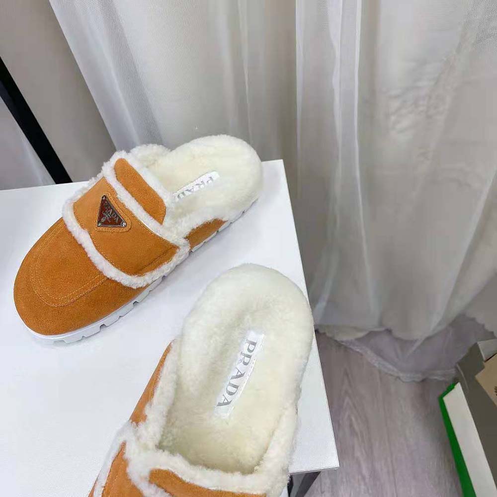 Prada Women Shearling Slippers Enameled Metal Triangle Logo-Yellow - image 9