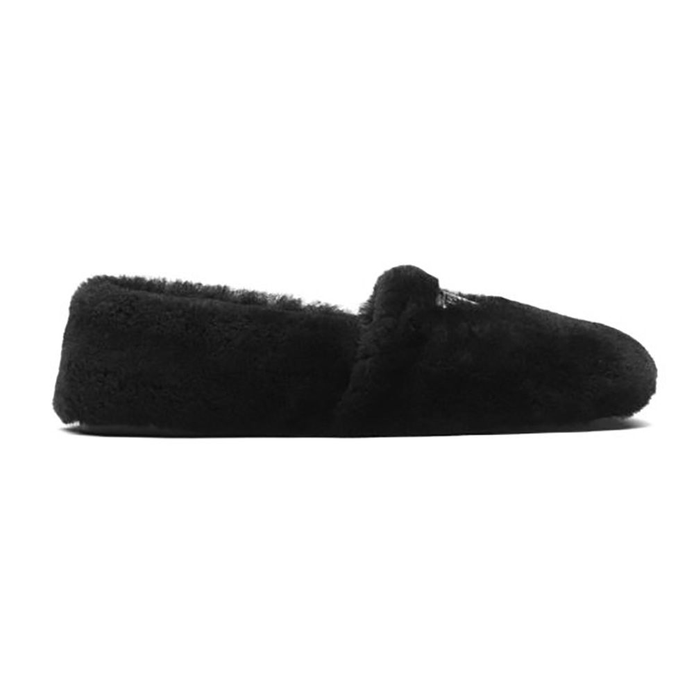 Side profile of Prada Women Shearling Slippers in sleek black leather